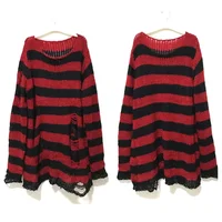 Autumn Punk Gothic Top Long  Unisex Sweater Women Striped Cool Hollow Out Hole Broken Jumper Loose Rock Thin Dark Streetwear 2