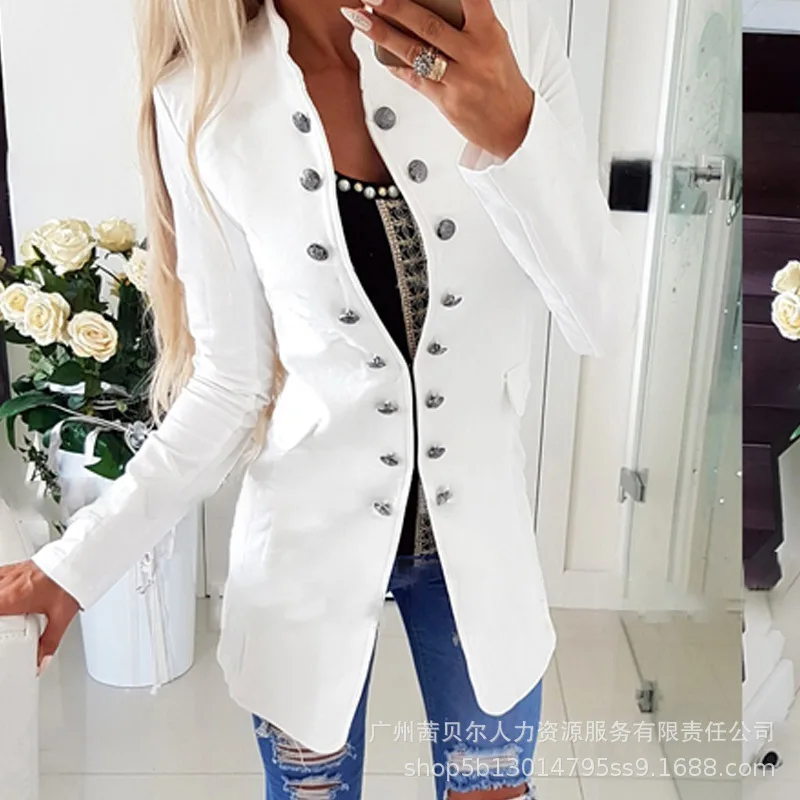 

Long Sleeve Double Breasted Flap Detail Coat Women Autumn 2023 Double Breasted Long Coats Slim Fit Pocket Button Splice Jackets