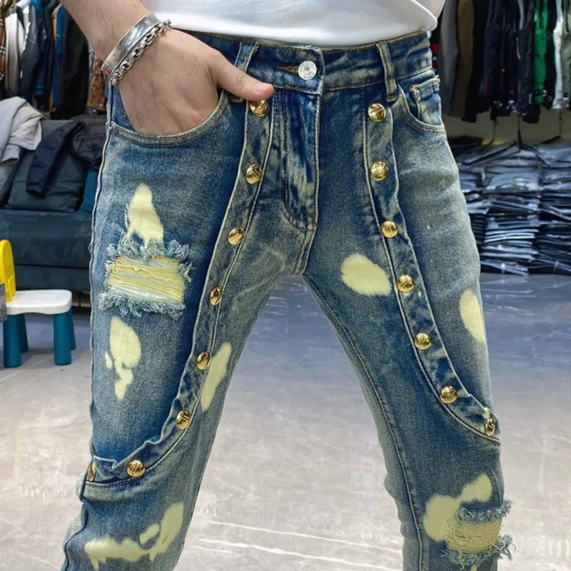 Men Hole Patchwork Jean Spring Slim Fit Men Blue Jeans Elastic Jeans For Men Motorcycle Pant Streetwear Print Ripped Jean Hombre