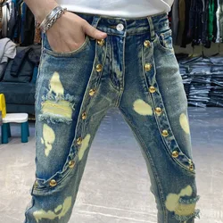 Men Hole Patchwork Jean Spring Slim Fit Men Blue Jeans Elastic Jeans For Men Motorcycle Pant Streetwear Print Ripped Jean Hombre