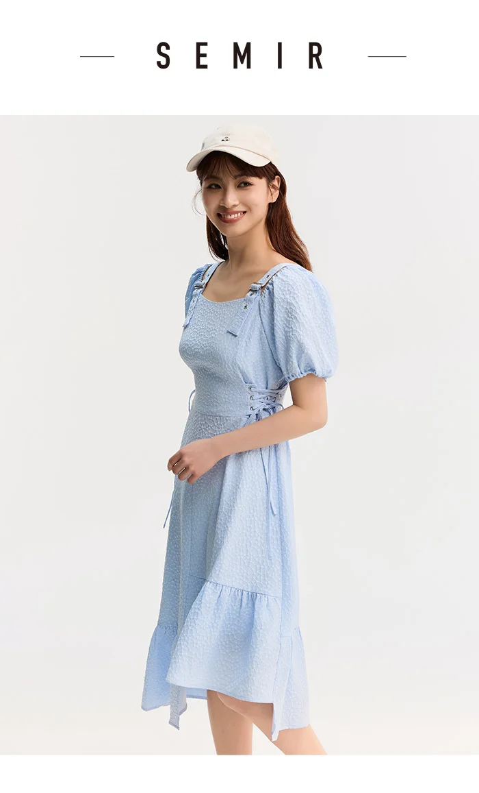 Vestido de mujer con cintura atada, texturizado, elegante y suave, de verano, irregular, con dobladillo con volantes, falda corta con estampado de campanillas, divertido