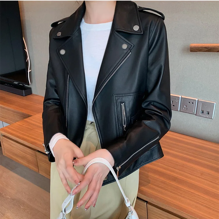 

2024 Spring and Autumn New Top layer Sheepskin Genuine Leather Coat Women's Flip Collar Handsome Motorcycle Leather Coat