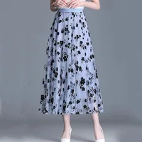 تنورة كورية شبكية بتصميم زهور للنساء ، تنورة متوسطة الطول فضفاضة ، أنيقة ، غير رسمية ، تتطابق مع الكل ، جديد ، صيفي 1