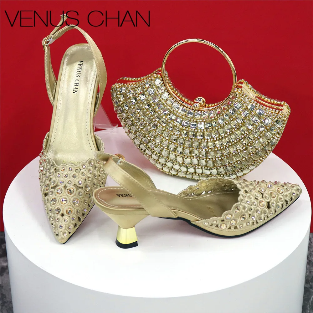 

Gold Color Elegant Lady Shoes And Bag Set with Rhinestone Embellished Pearls-knot Wear-resistant And Comfortable Heels