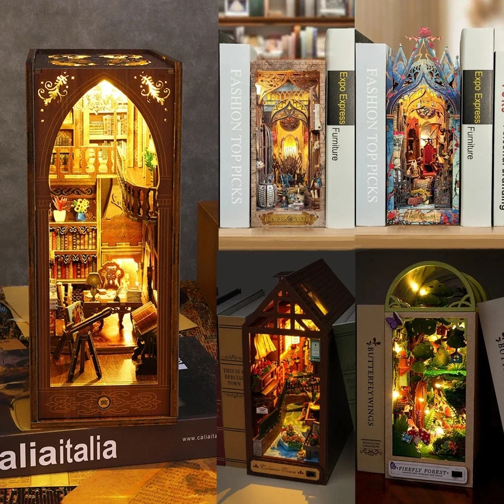

Book Nook Diy Wooden Shelf Insert Kit Miniature Fairy Tale Town Bookshelf Forest House Dollhouse Bookend Toys Girls Xmas Gifts