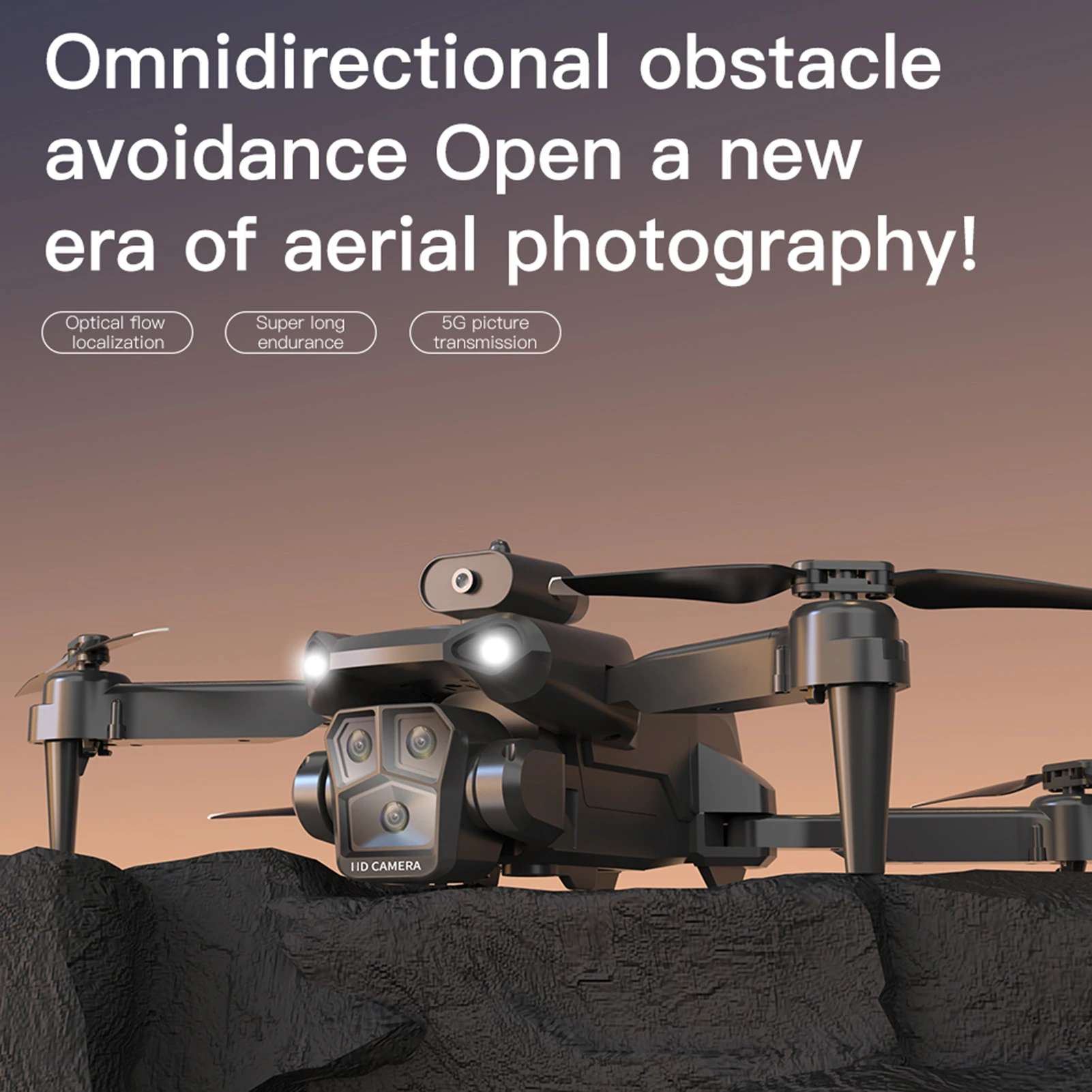 Vue de dessous du Drone 4K 5 Caméras 360° Pliable WiFi 5G, révélant les capteurs d’évitement d’obstacles et les hélices repliées.