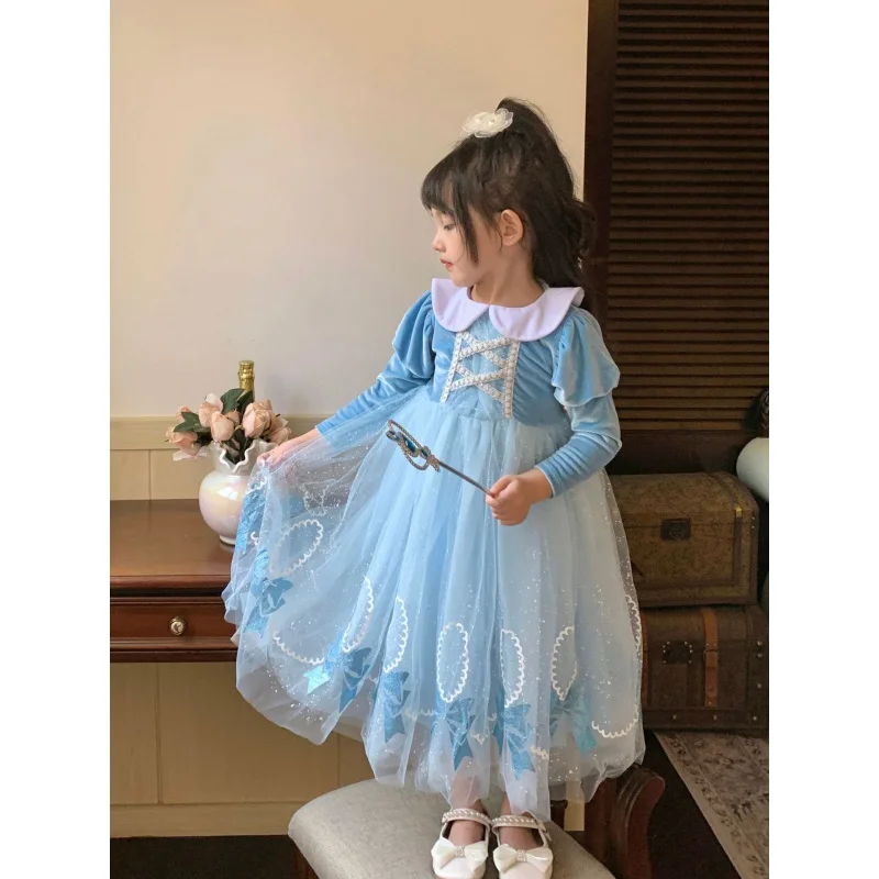 

Girls' Winter Frozen Princess Elsa Long-Sleeved Children plus Velvet Bowknot Dress
