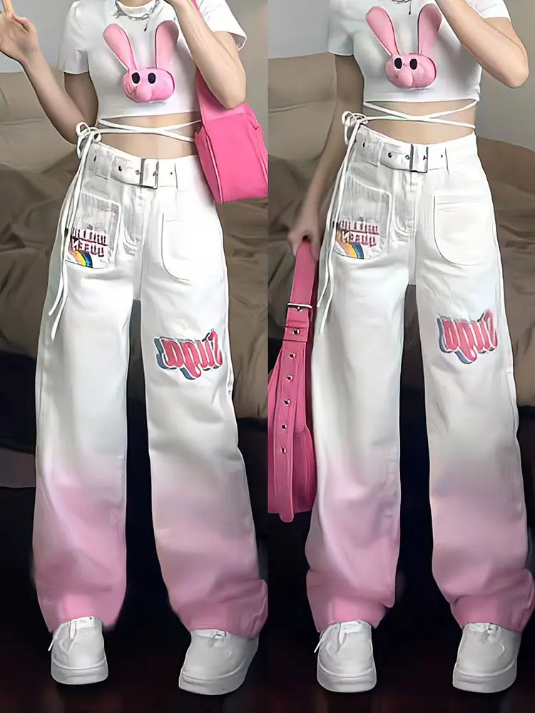 Women Print Pocket Denim Straight Pants Gradient Pink And White Lady Gothic Street Long Jeans Korean Fashion Clothes 2023