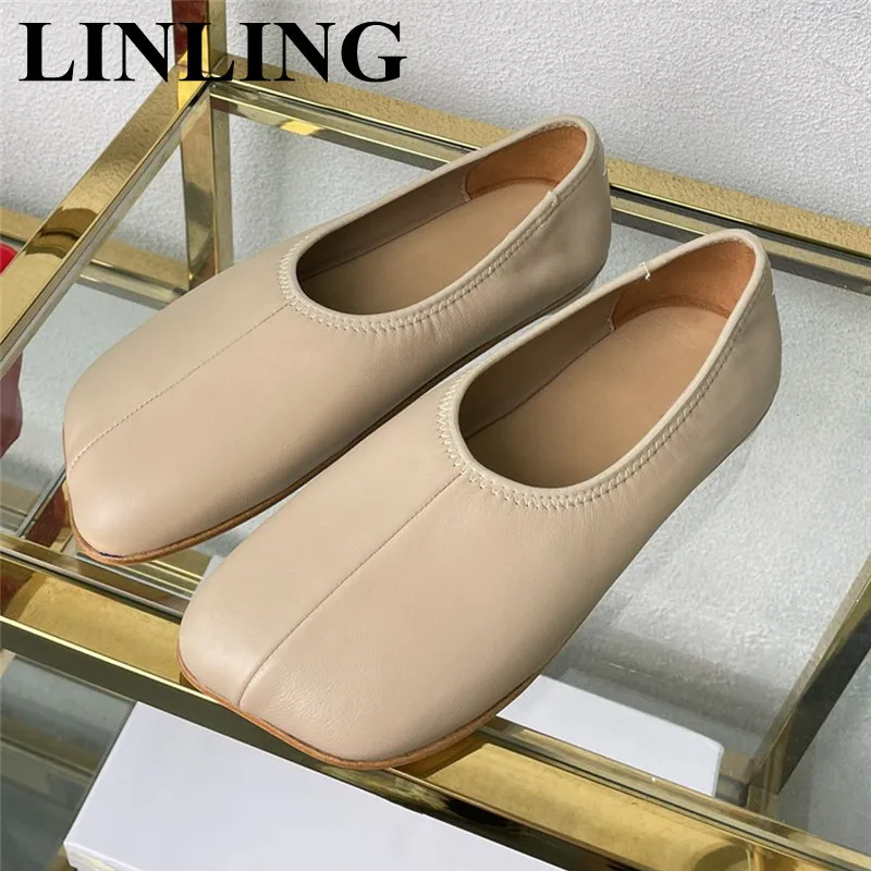

2023 Spring New Women Flat Shoes Fashion Genuine Leather Square Toe Shallow Ladies Ballet Shoes Soft Casual Flat Mary Jane Shoes