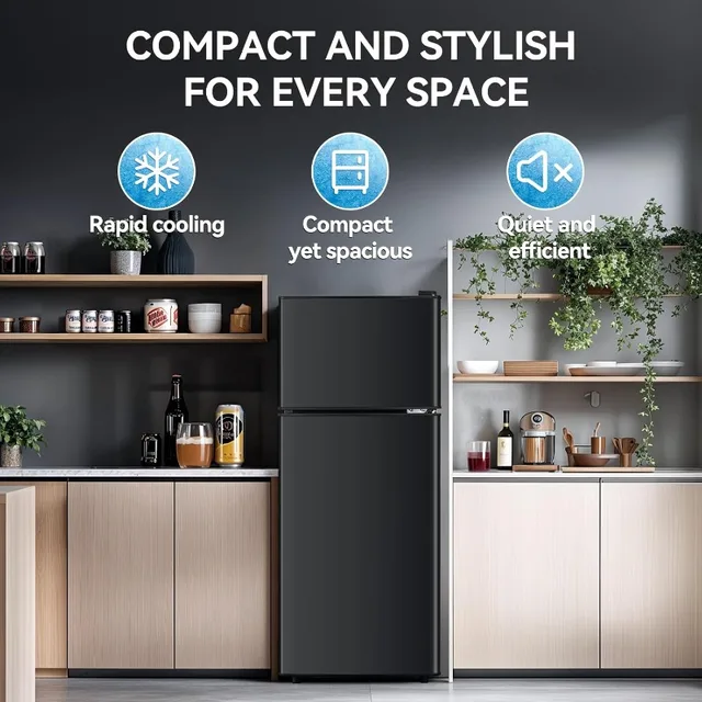 3.6 Cu.Ft Fridge with Freezer, Double Door Refrigerator with 6 Level Thermostat, LED Light, Adjustable Glass Shelves for Bedroom 2