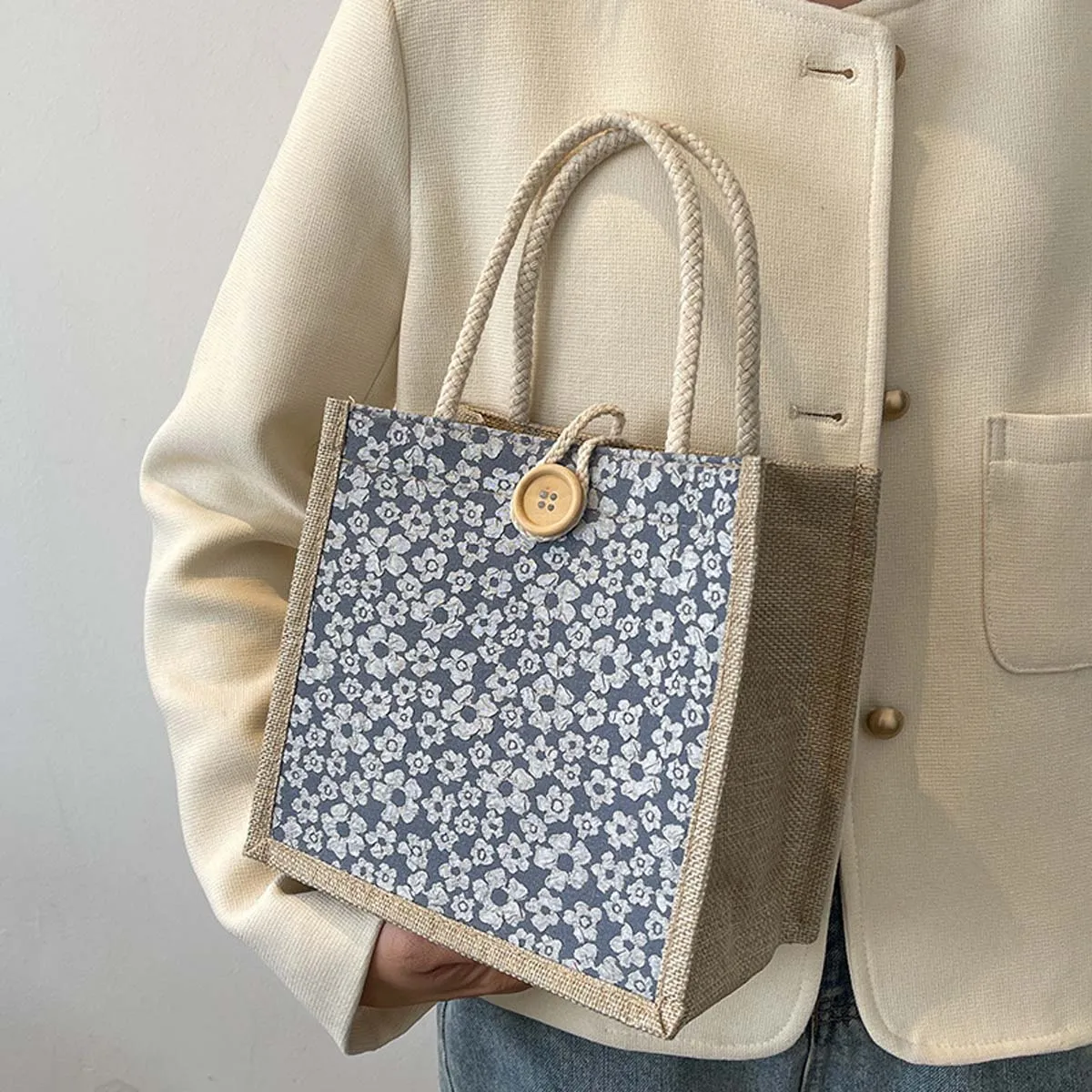 Carry-on linen bag female fashion work out hand bento bag Japanese ins small satchel fashion canvas flower lunch