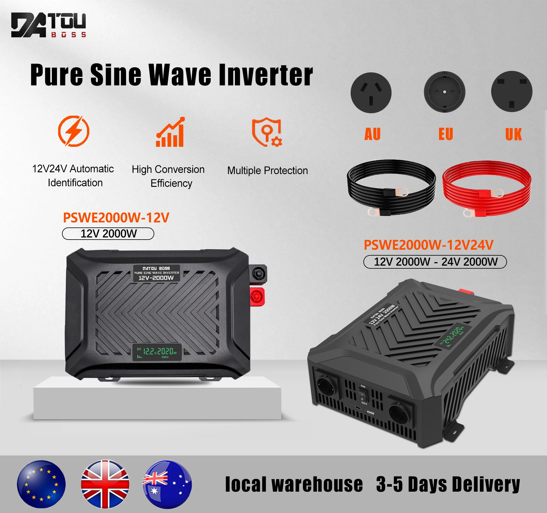 DATOUBOSS 2000W 4000W Peak Power Inverter 12V 24V to 220V 230V Pure Sine Wave Car Inverter with LCD Display Dual USB Ports