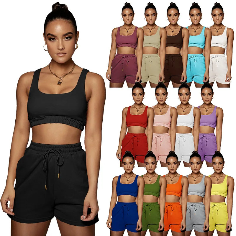 Summer Outfit Two Piece Short Pants Set Blank Biker Joggers Crop Tank Top Suits Wholesale Women Clothing Sleeveless 2 Piece Set 118 element periodic table round elements sleeveless dress dress summer prom gown dress korean style women s clothing
