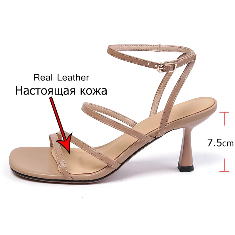 

ENMAYER Size 34-43 Women High Heel Sandals Real Leather Shoes Summer Women Square Thin Heels Toe Fashion for Dress Footwear