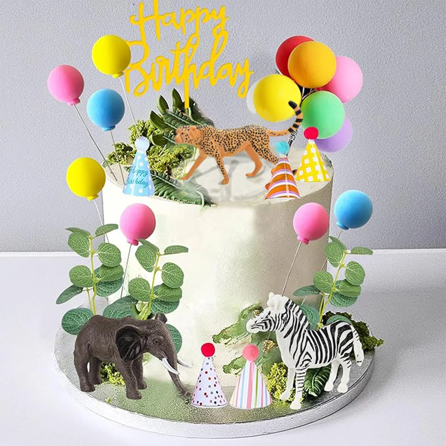KKSJK 14 stuks jungle taarttoppers, 4 stuks dieren taarttoppers, 10 stuks boom taarttoppers, kinderbos thema feest taart benodigdheden, verjaardagsfeestje decoraties voor meisjes jongens