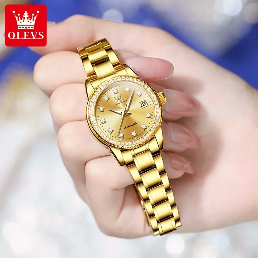 OLEVS Automatic Mechanical Watch for Women Diamond Calendar Dial Stainless Steel Waterproof Luminous Elegant Women's Wristwatch 4