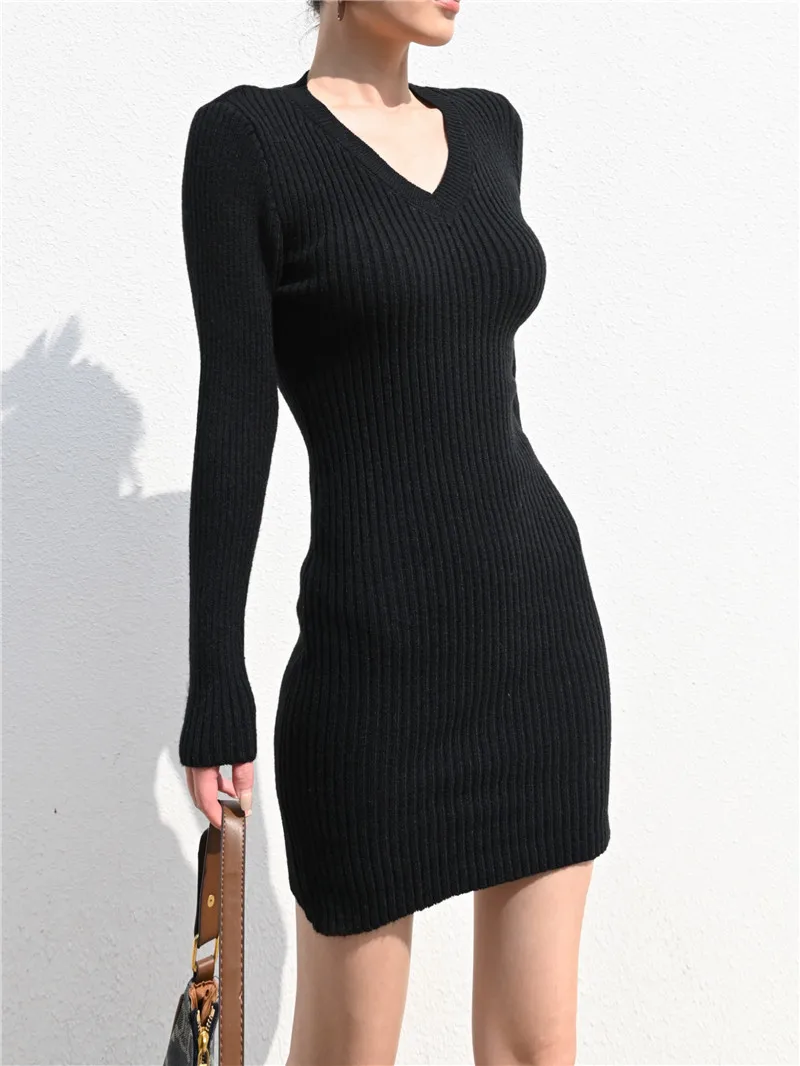 Sun-imperial Women v Neck Ribbed Knitted Long Sleeve Bodycon Mini Dress
