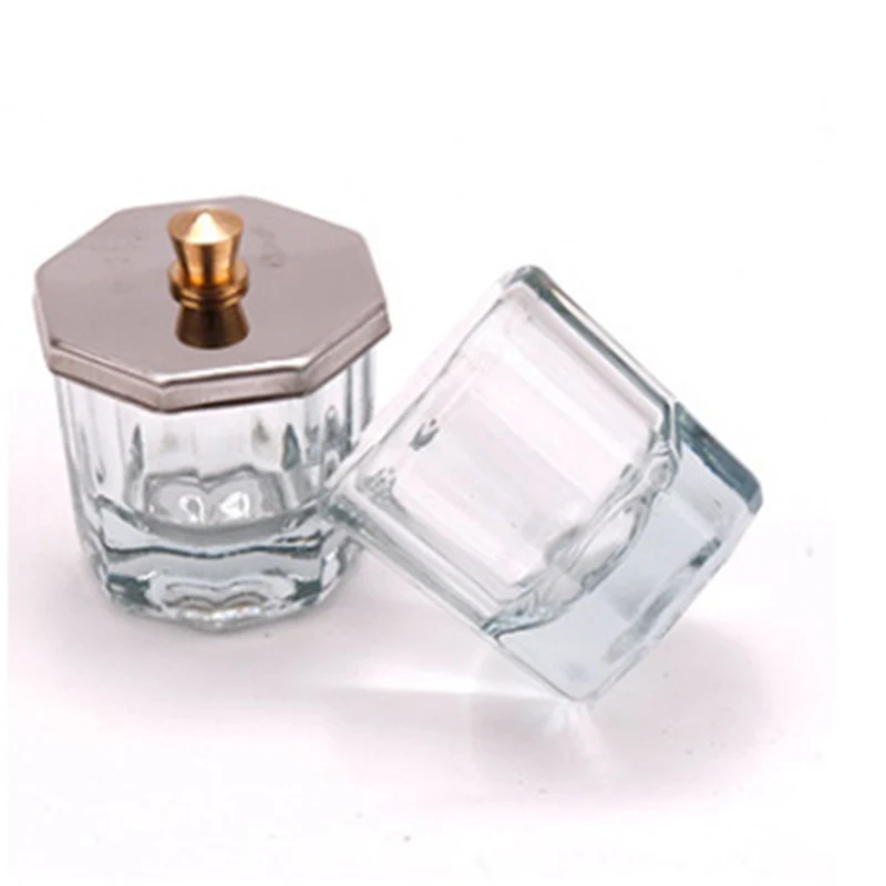 Thick Glass Crystal Dappen Dish Cup with Octagon Metal Lid Nail Art Tools Nail Acrylic Monomer Container Liquid manicure tools