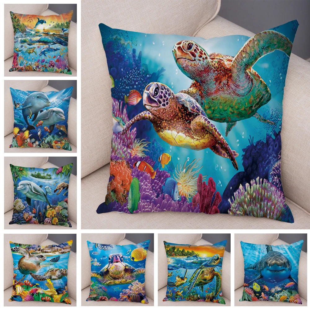 

Marine Turtle Dolphins Shark Cushion Cover Short Plush Decor Colorful Ocean Animal Pillowcase Pillow Case for Sofa Home Car