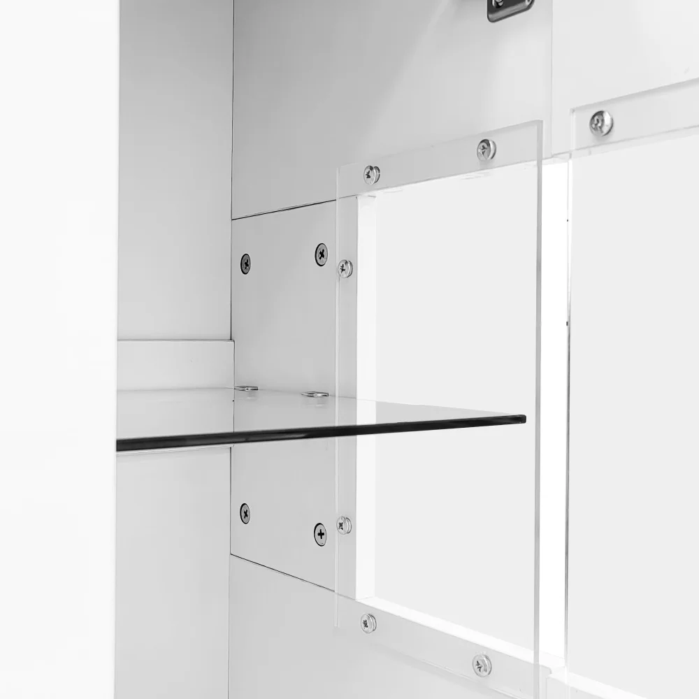 Elegantes Sideboard mit 2 Türen und 3 Schubladen – Hochglanzweiße Ründe und grauem Marmoroptik, LED-Beleuchtung, 140 x 35 x 75 cm – Detail 17