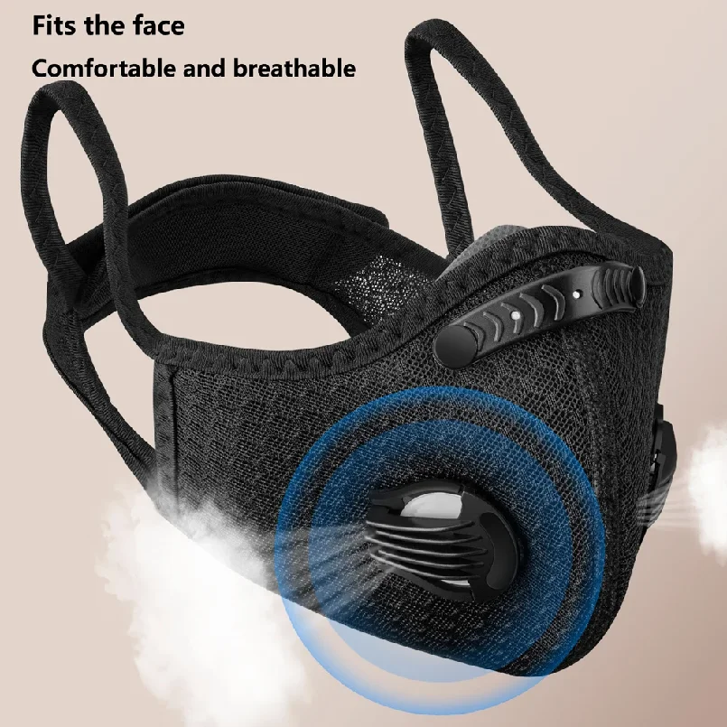 Masque réutilisable sport avec filtre charbon actif porté par un coureur, protection anti-poussière lavable en action