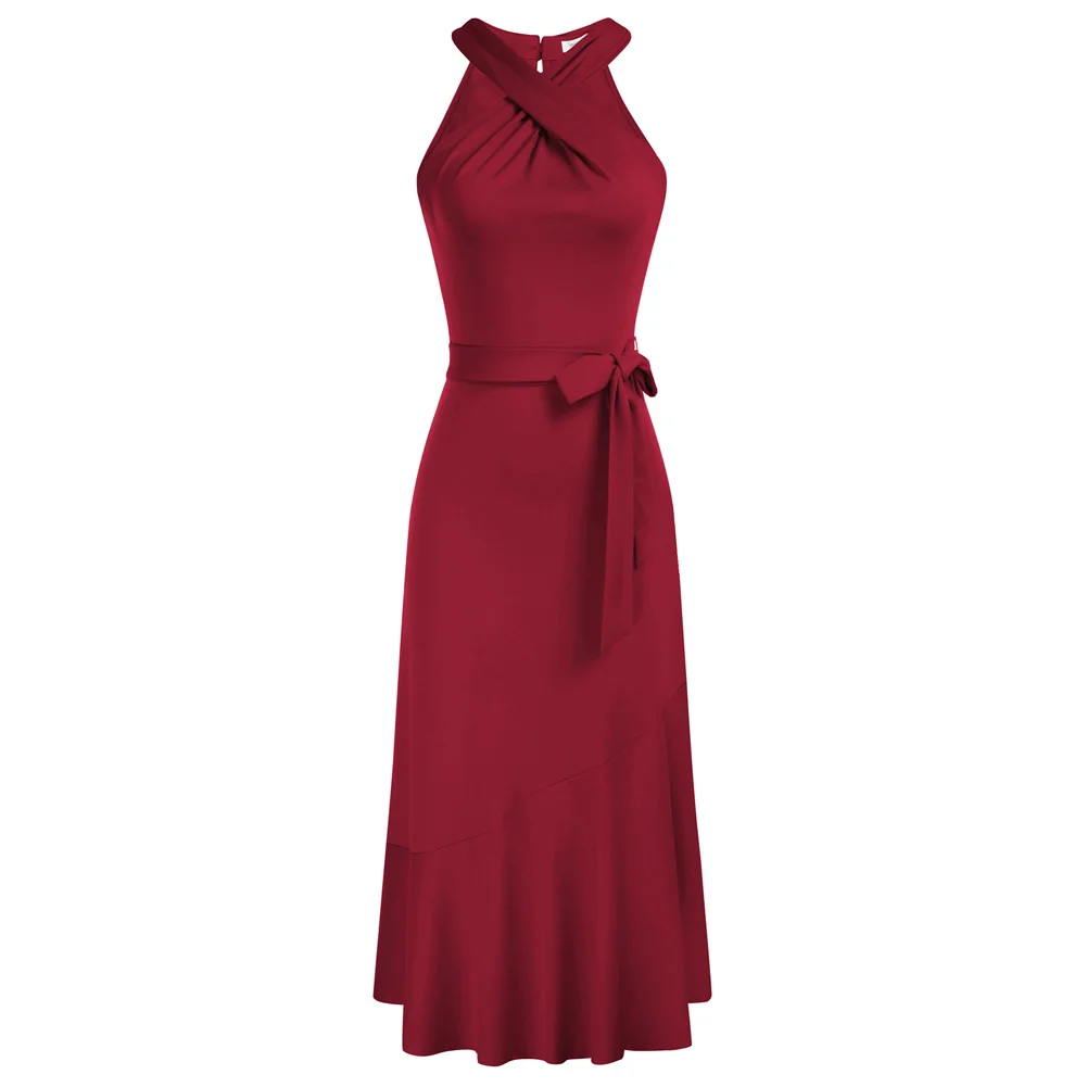

Jasambac Women Cross Halterneck Party Dress Tiered Flared A-Line Midi Dress