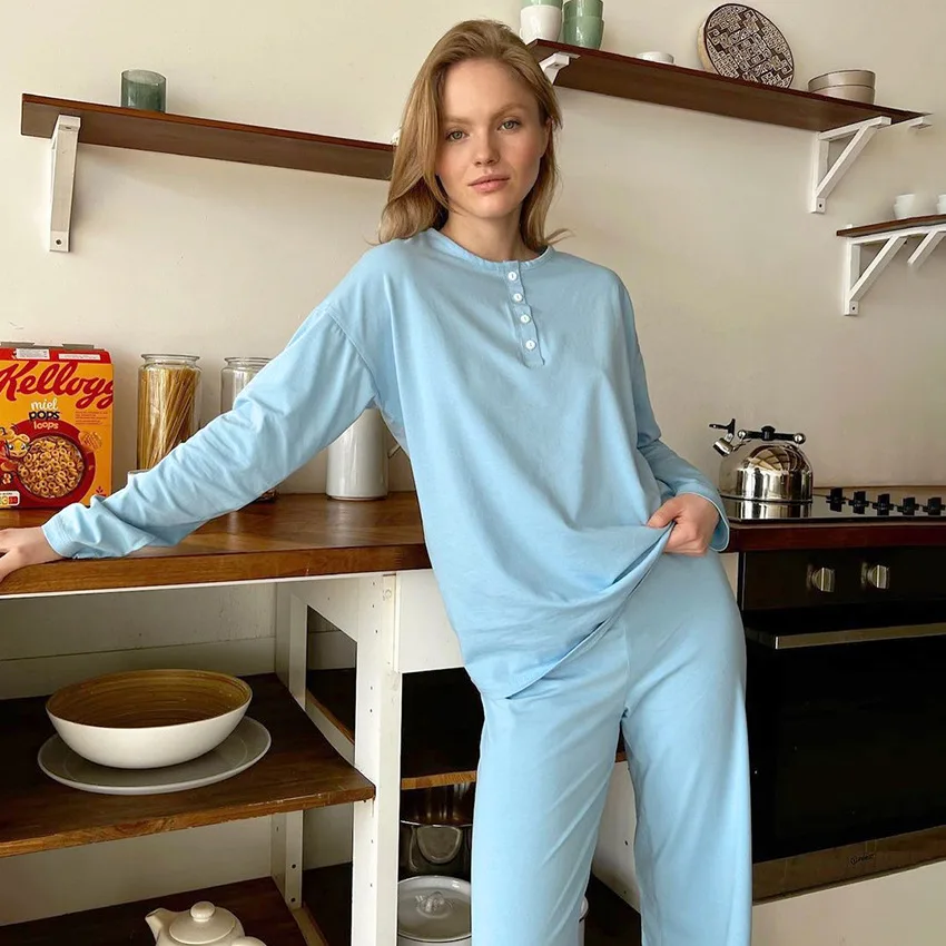 

Женские пижамные комплекты, свободная комфортная однотонная одежда для сна, Топ с длинным рукавом, повседневные штаны, женские пижамы из 2 предметов, хлопковая домашняя Ночная одежда