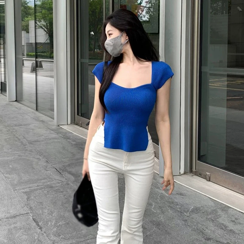 

Women's Slim Fashion Base shirt Summer Solid Colour Square Neck Split Knitted Short-Sleeved T-Shirt Korean Version