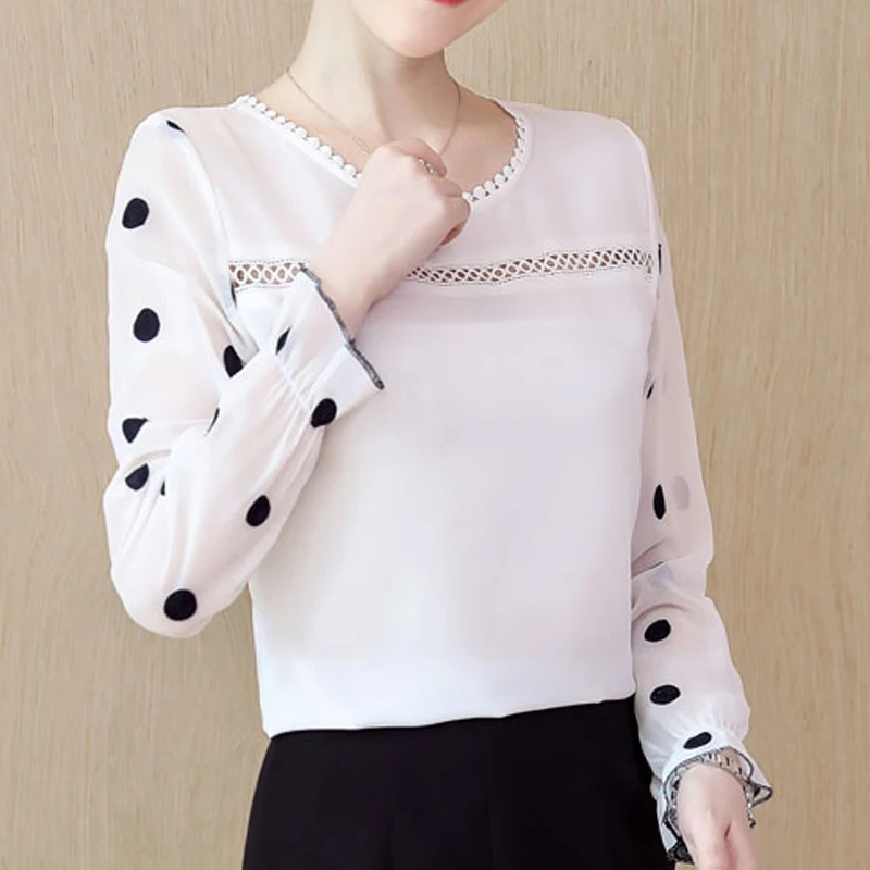 Women's Long Sleeve Chiffon Blouse Hollow Out Tops O-Neck Black Dot White Sweet Clothing Fashion 2025 New D383