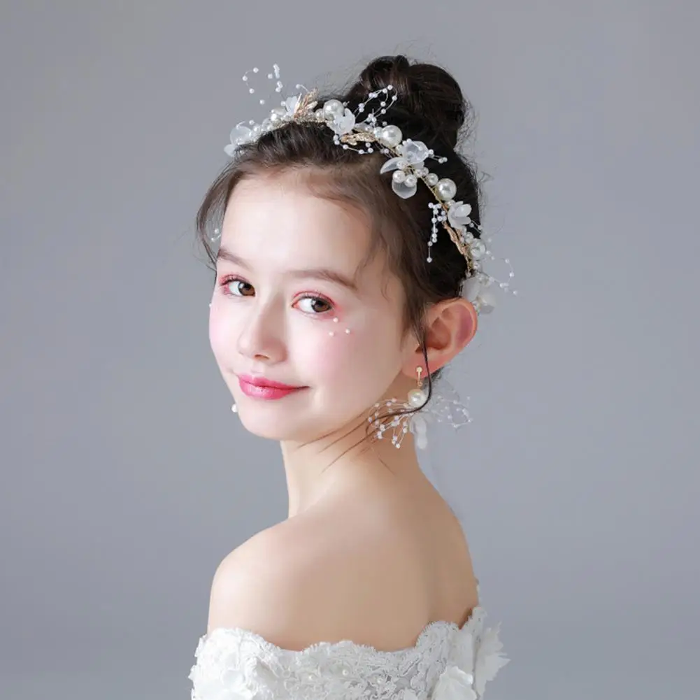 

Adjustable Ribbon Lace-up Girls Headband Elastic Non-slip Flower Leaves Faux Pearls Decor Kids Princess Crown Hair Accessories