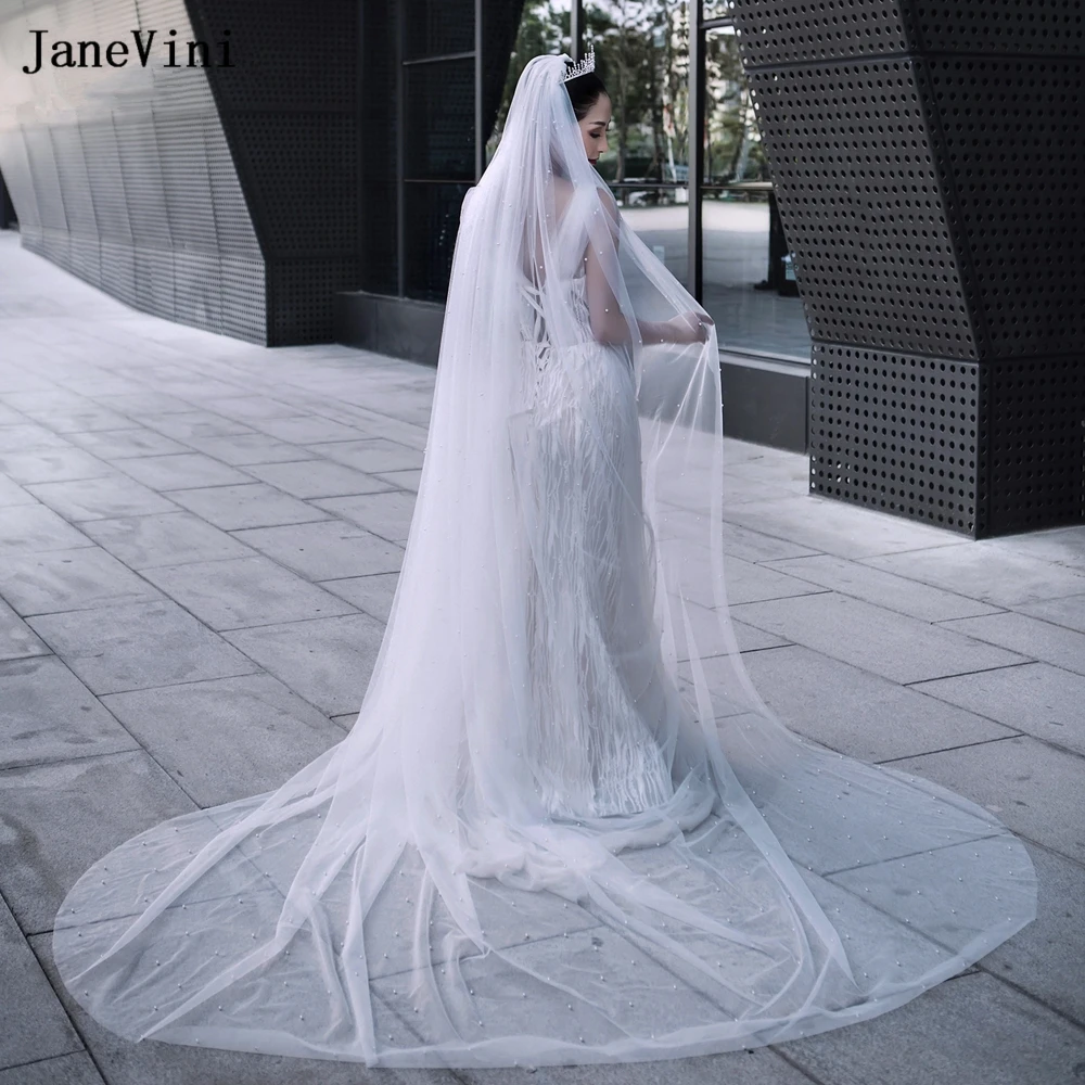 

JaneVini Luxury Pearl 3M Long Bridal Veils Metal Comb One Layer Cathedral Wedding Veil with Pearls Tulle Veil for Wedding Dress