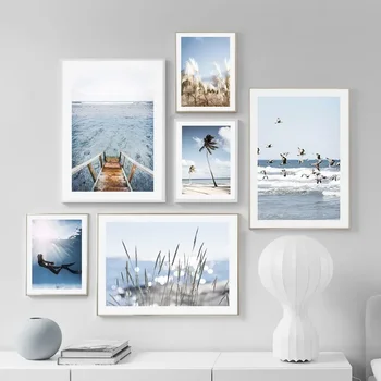 Arte della parete Tela Pittura Onde della spiaggia Alberi di cocco Tartarughe marine Gabbiano Ance Estate Poster Immagini Per Soggiorno Decorazioni per la casa