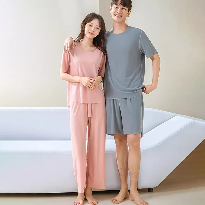 Ice Silk Seamless Pajamas Sets Summer Casual Round Neck Short Sleeved Couple Cool Sleeping Pants Ultra-thin Home Suit Set women pajamas set women pajama suit cotton pajamas set