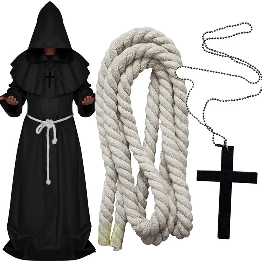 Medieval Monk Hood Cloak Sorcerer Priest Costumes Halloween Robe Wizard Knight Cape Adult Teens Outfit Party Props Set