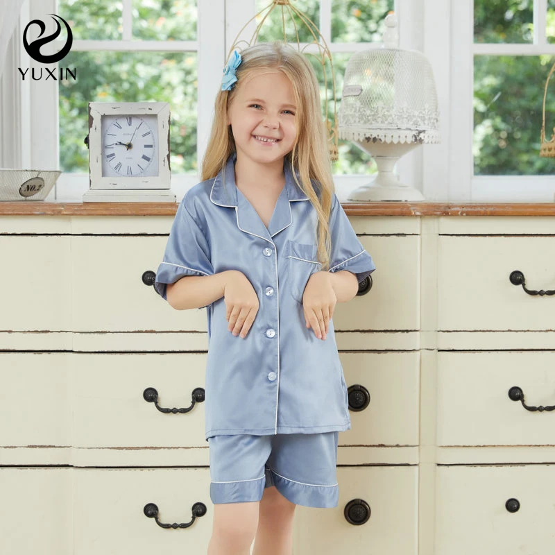 women two piece set silk satin pajamas home suit short sleeve shirtand shorts pajamas set satin nightwear loungewear Baby Kids Silk Satin Pajamas Set Baby Kids Suit Short Sleeve Boys Girl Sleepwear Nightwear Summer Bathrobe Sleepping Pajamas