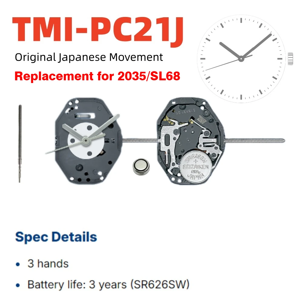 TMI-PC21 미요타 Pc21s 쿼츠 무브먼트 시계 액세서리용 일본 무브먼트 전자식 무브먼트 3핸즈 2035 교체품