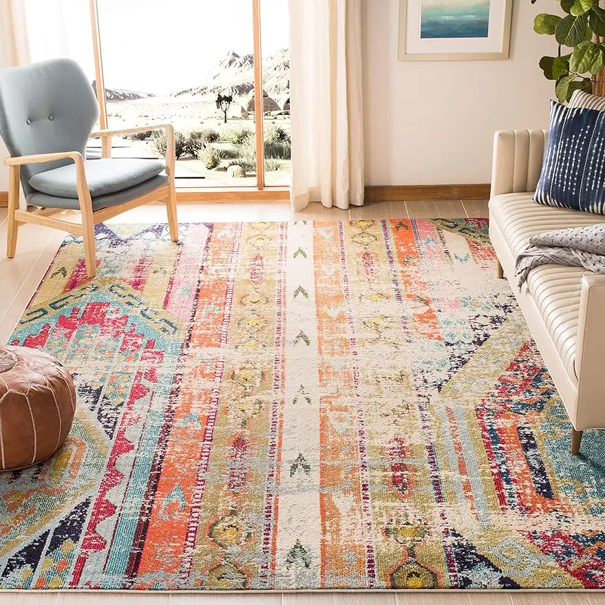 

SAFAVIEH Monaco Collection Area Rug - 9' x 12', Multi, Boho Chic Tribal Distressed Design, Non-Shedding & Easy Care