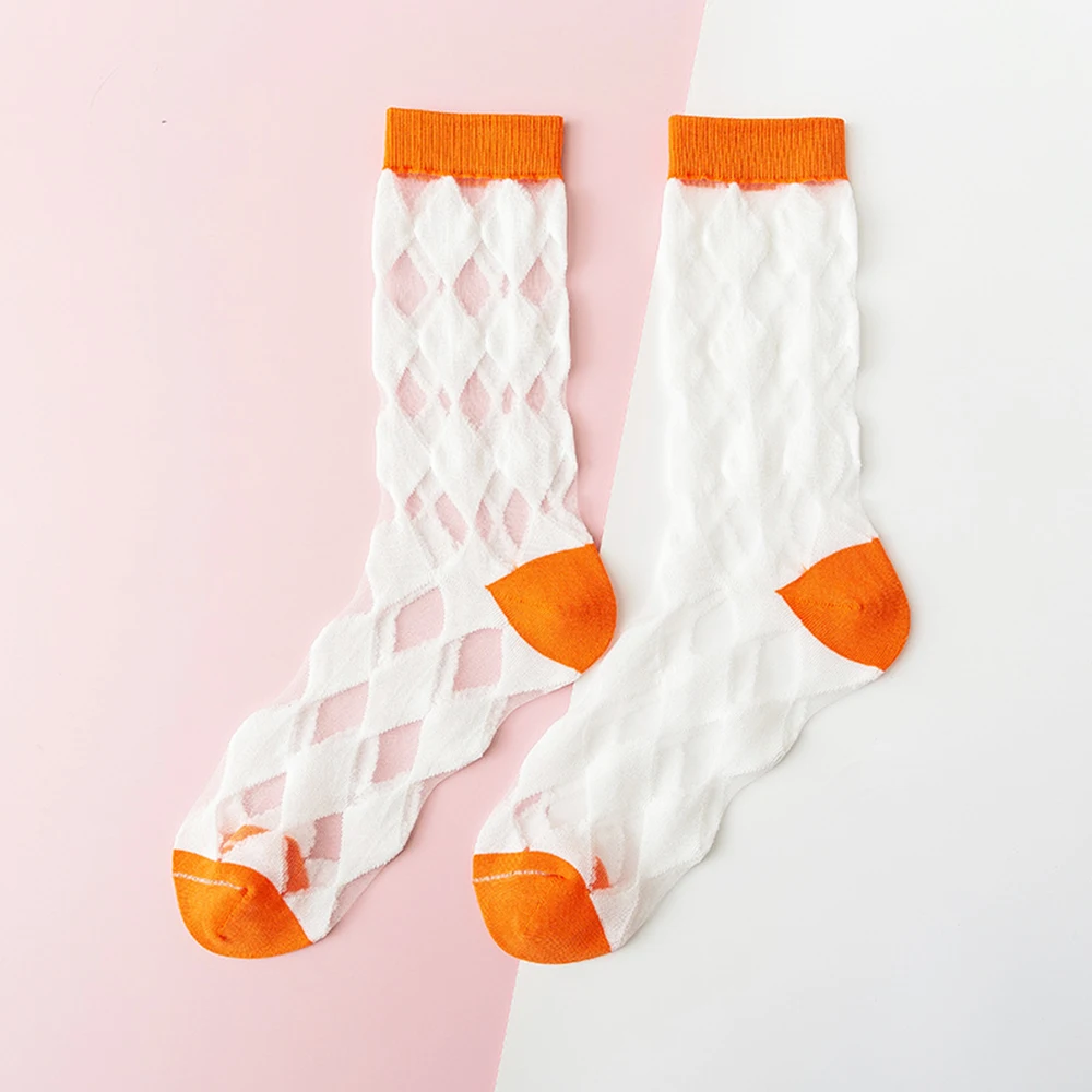 Transparent Crystal Women Cotton Socks 6Pairs Harajuku Fashion Rhombus Lattice Pattern Lace Breathable Girls Kawaii Cute Socks