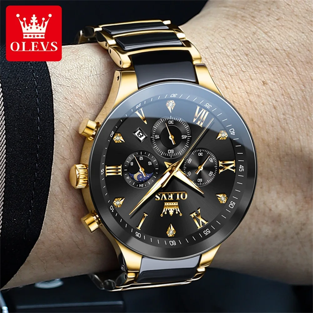 OLEVS 7004 Men's Watches Ceramic Band Chronograph Date Luminous Waterproof Luxury Quartz Watch Man TOP Brand Men Wristwatch Gift