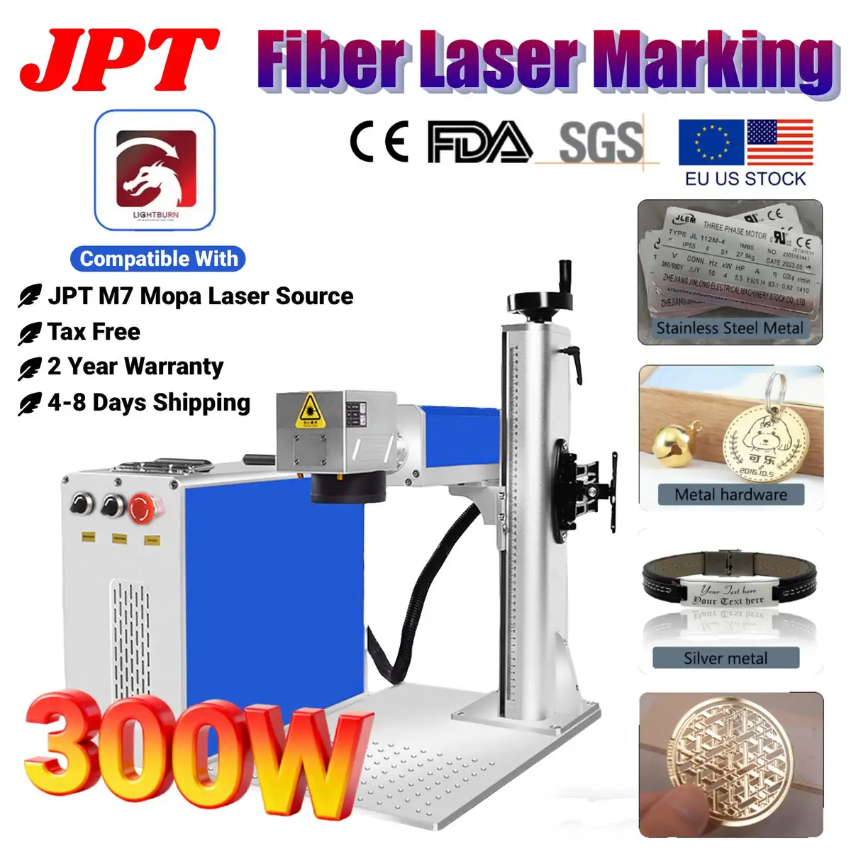 300W Auto Focus JPT M7 Mopa Fiber Laser Marking Machine Stainless Steel Metal Cutting Gold Silver Ring Laser Engraver
