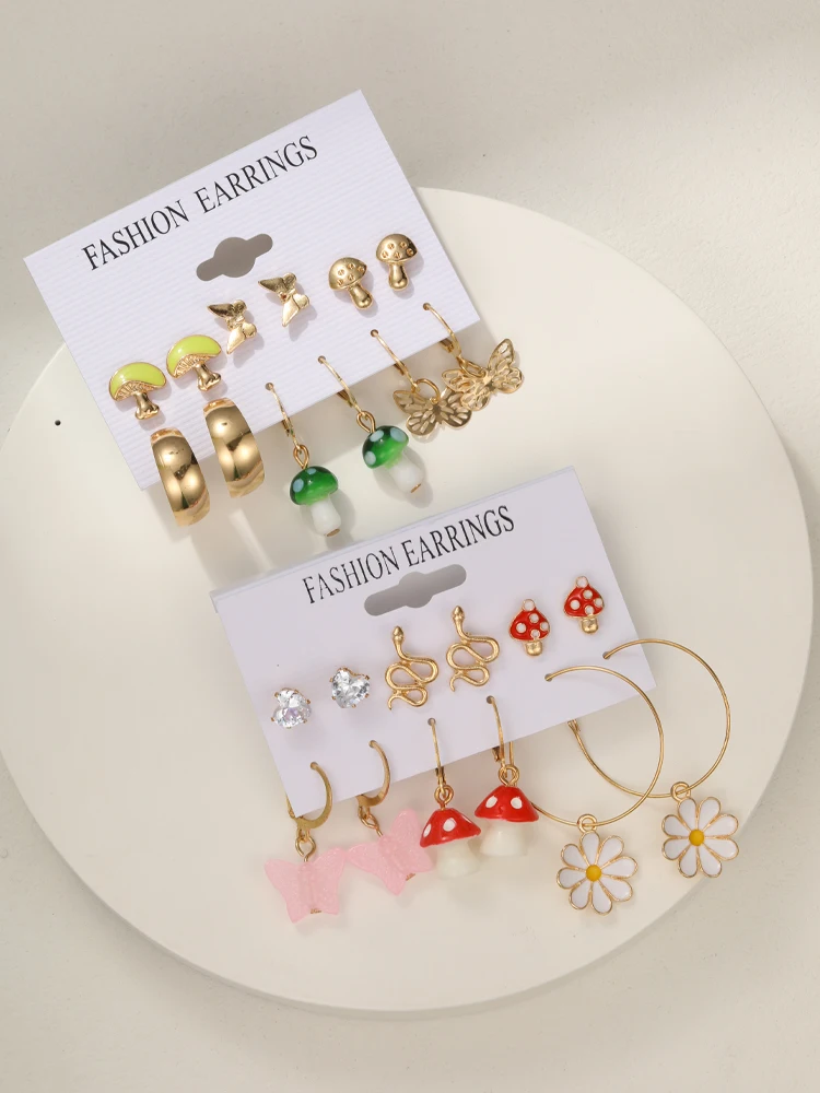 Fashion Gold Color Earrings Set for Women Creative Mushroom Butterfly Hoop Earrings 2024 Boho Geometric Earrings Punk Jewelry