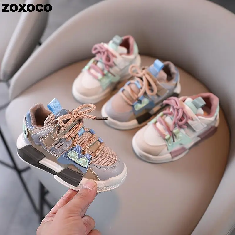 2022 New Children Fresh Mesh Shoes Pink Girls Sneakers Spring Fashion Kids Shoes Gray Boys Casual Flat Heel Shoes Student Zoxoco