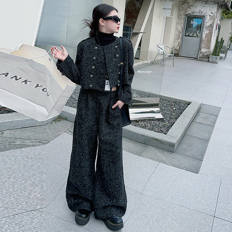 autumn french teen girls clothes set Round neck metal buckle