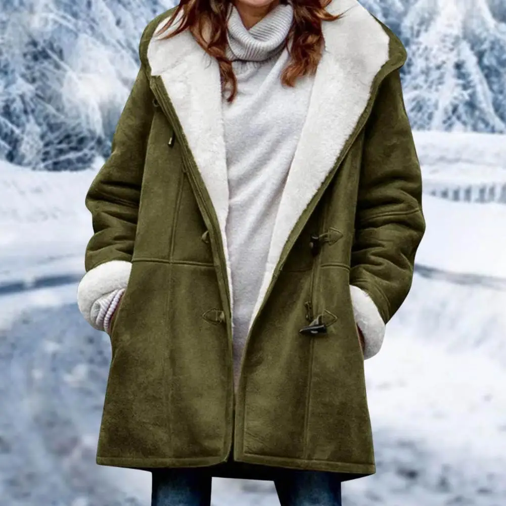 

Autumn Winter Ladies Thick Jackets Outerwear Coat Fleece Lined Hooded Horn Buttons Hood Loose Overcoat Women Warm Coat