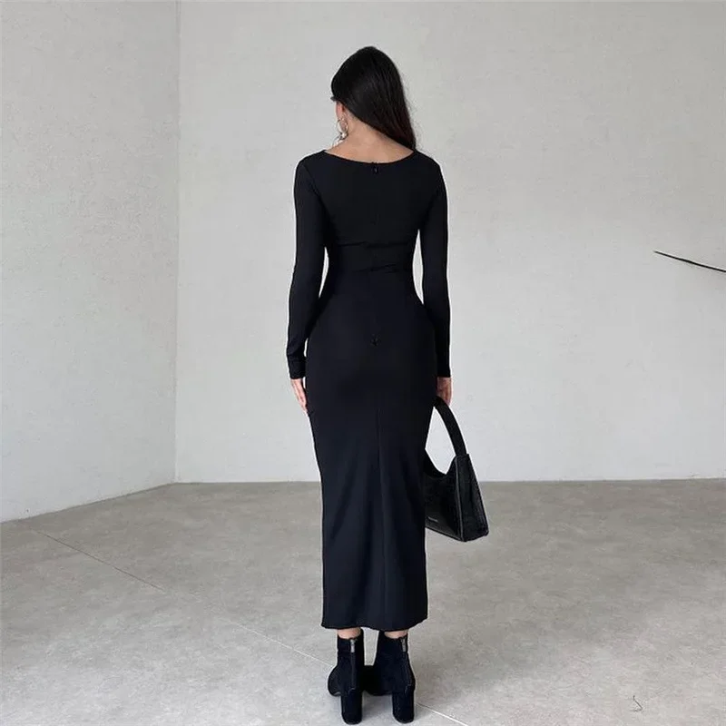 Autumn and Winter New Women's Round Neck Long-sleeved Solid Color Dress Fashion Elegant Pullover Long Casual bodycon Dress