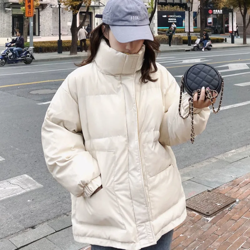 Women Winter Fashion Bubble Coats Jackets Cotton Padded Bread Coat Fake Two Stand Collar Thickened Loose Black Warm Streetwear