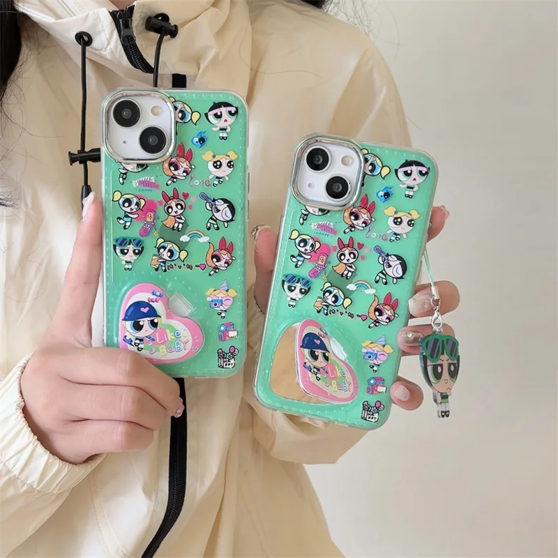 Ins Invisible Fold Powerpuff Girls Make Up Mirror Case Per Iphone 14 13 12 11 Pro Max Cover Posteriore In Silicone Antiurto Funda