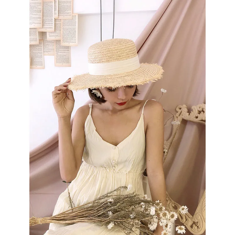 NiceYnn Vrouwen Brede Rand Zonbescherming Strand Hoed Wit Lint Strik Stro Cap Casual Dames Platte Hoed Boater Kerk Outdoor Cap, E Witte Boog & Geel, Eén Maat