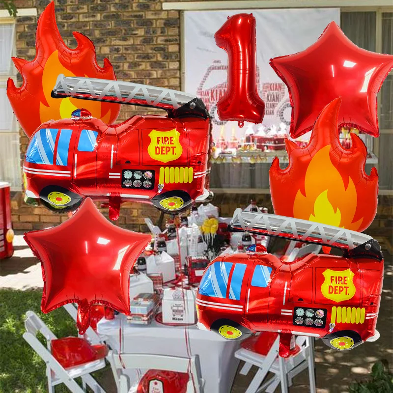 7-teiliges Feuerwehrauto-Themen Flammen-Zahlen-Folienballons-Set Kindergeburtstag Dekorationen Babyparty Ballonbogen-Kit – Detail 3