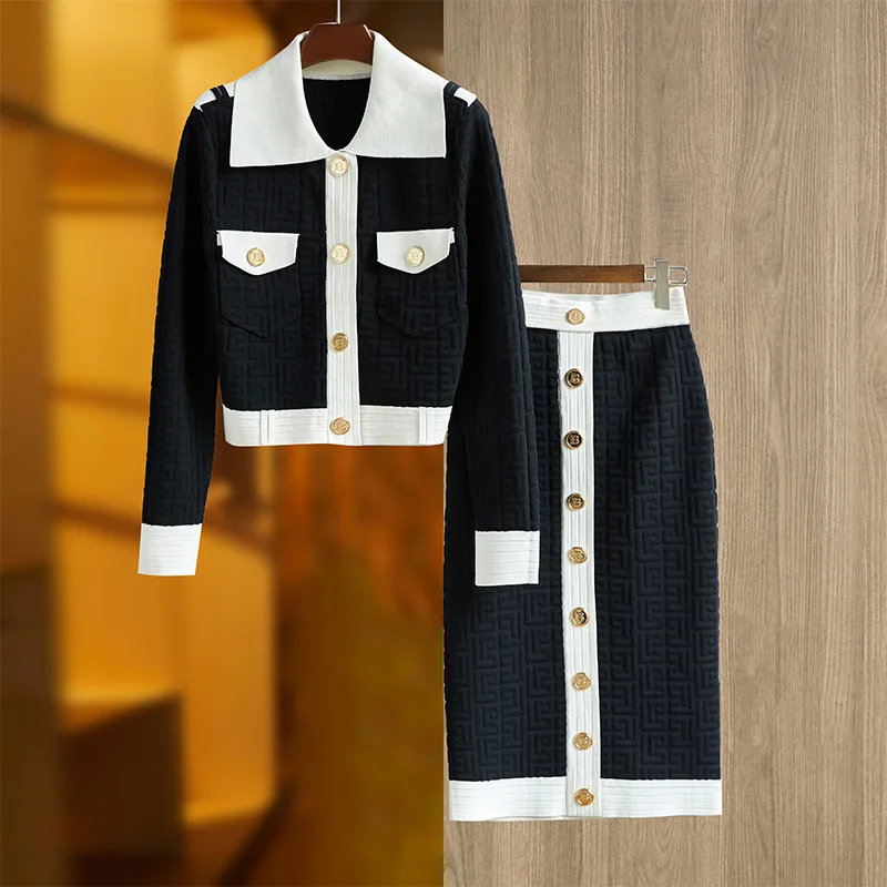 

Black and White Contrast Pattern Top and Long Half SkirtFashion Knit SetTemperamentTen Thousand Character PatternNew Heavy Indus